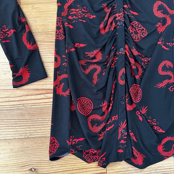 Timing black red Asian print long sleeve button down ruched dress SIZE L - Picture 4 of 5